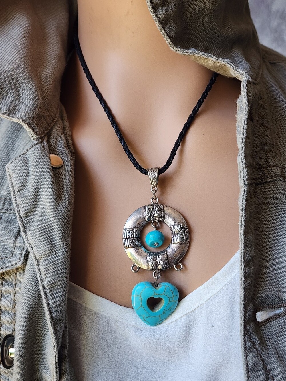 ❤️Heart Jewelry long Pendant black Cord Turquoise Silver Necklace